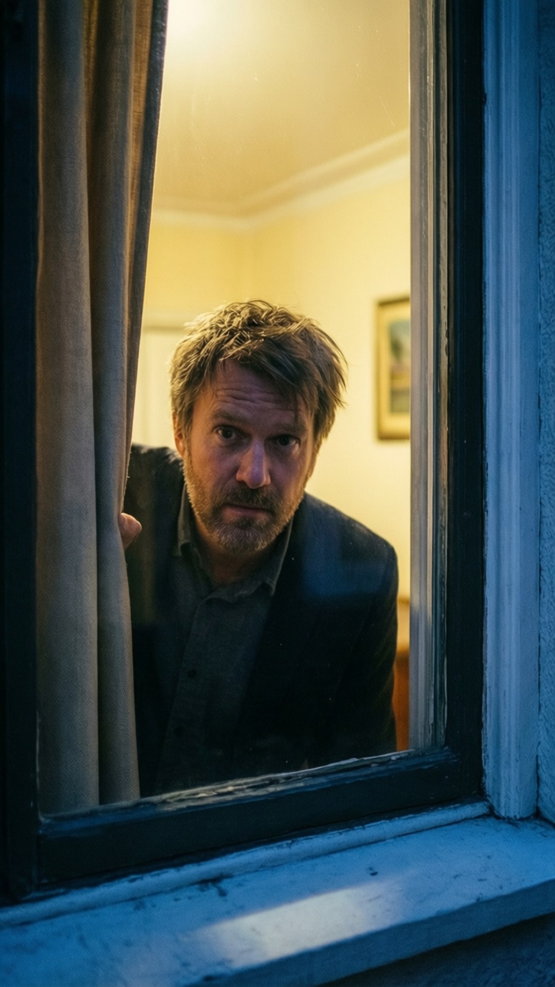 A man looks out a window at night with a serious expression. — Joe Goldberg Wallpaper