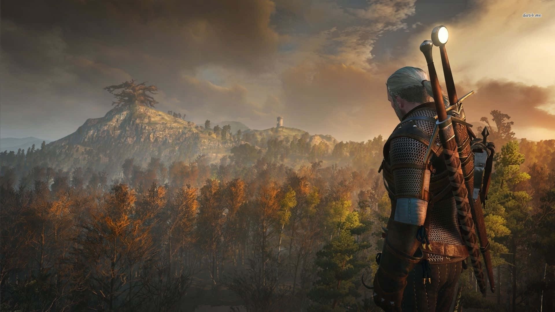 Thewitcher 1920x1080 Geralt Mirando El Bosque De La Montaña Fondo de pantalla