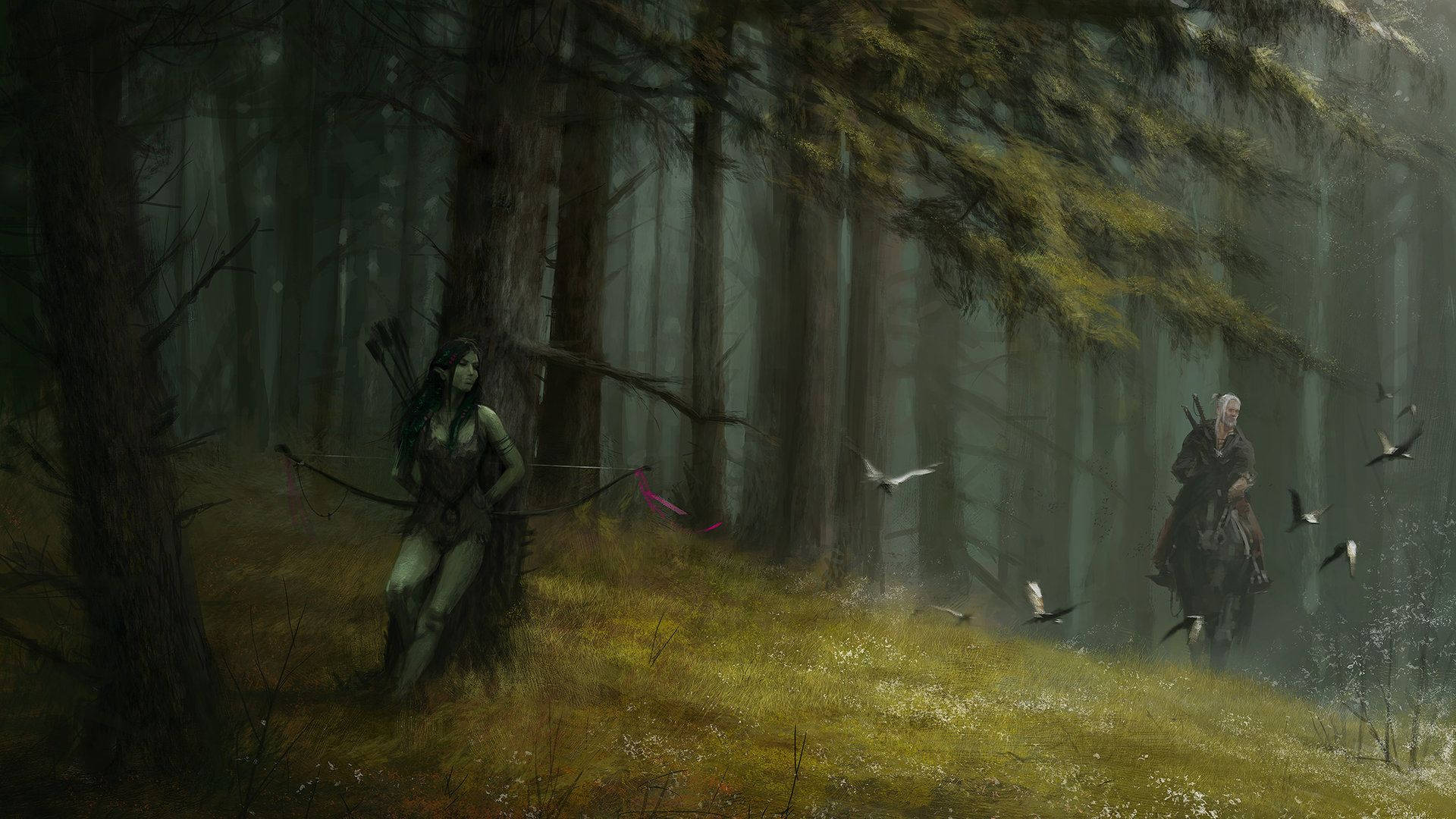 "Geralt with Bow on the Hunt in a Forest" Wallpaper