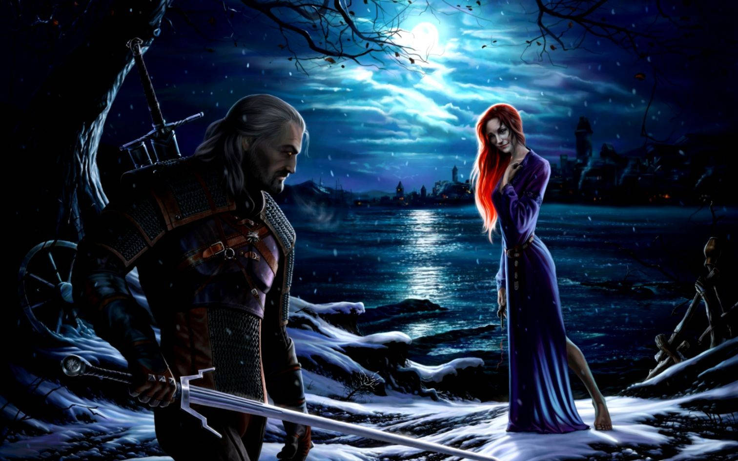 A romantic evening by the lake with Geralt and Triss in the Witcher 3. Wallpaper