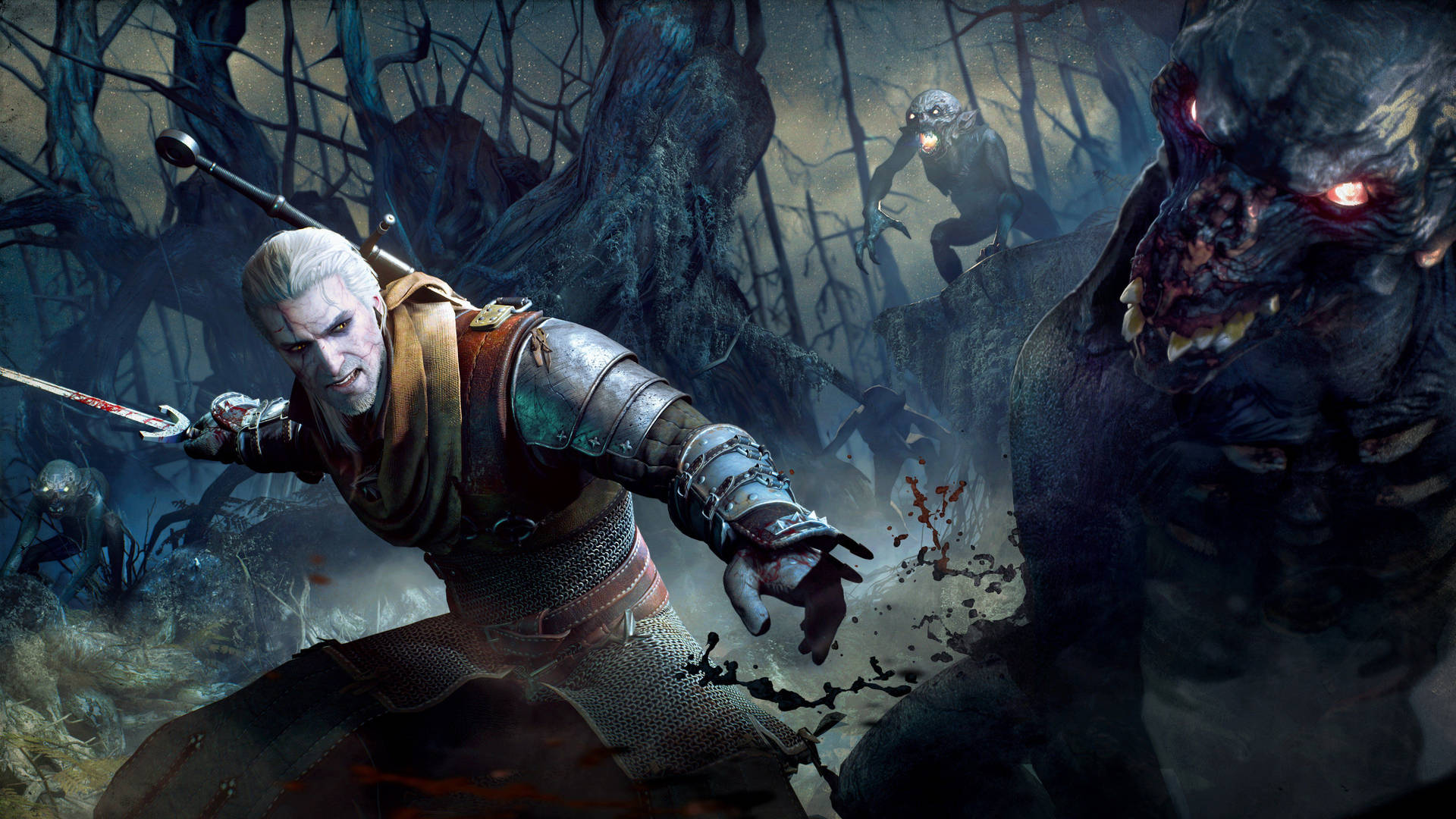 Geralt of Rivia fights demons in the forest. Wallpaper