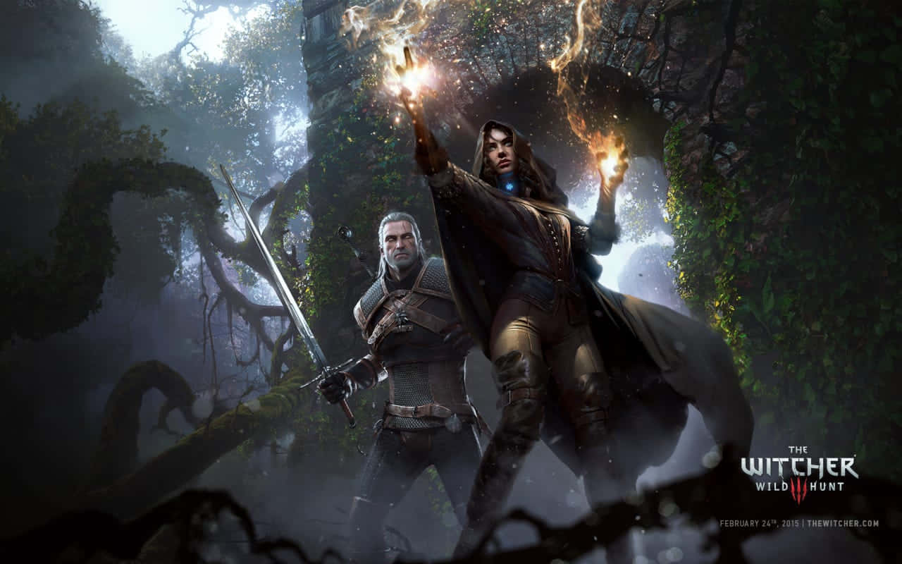 Powerful heroes unite - The Witcher characters in action Wallpaper