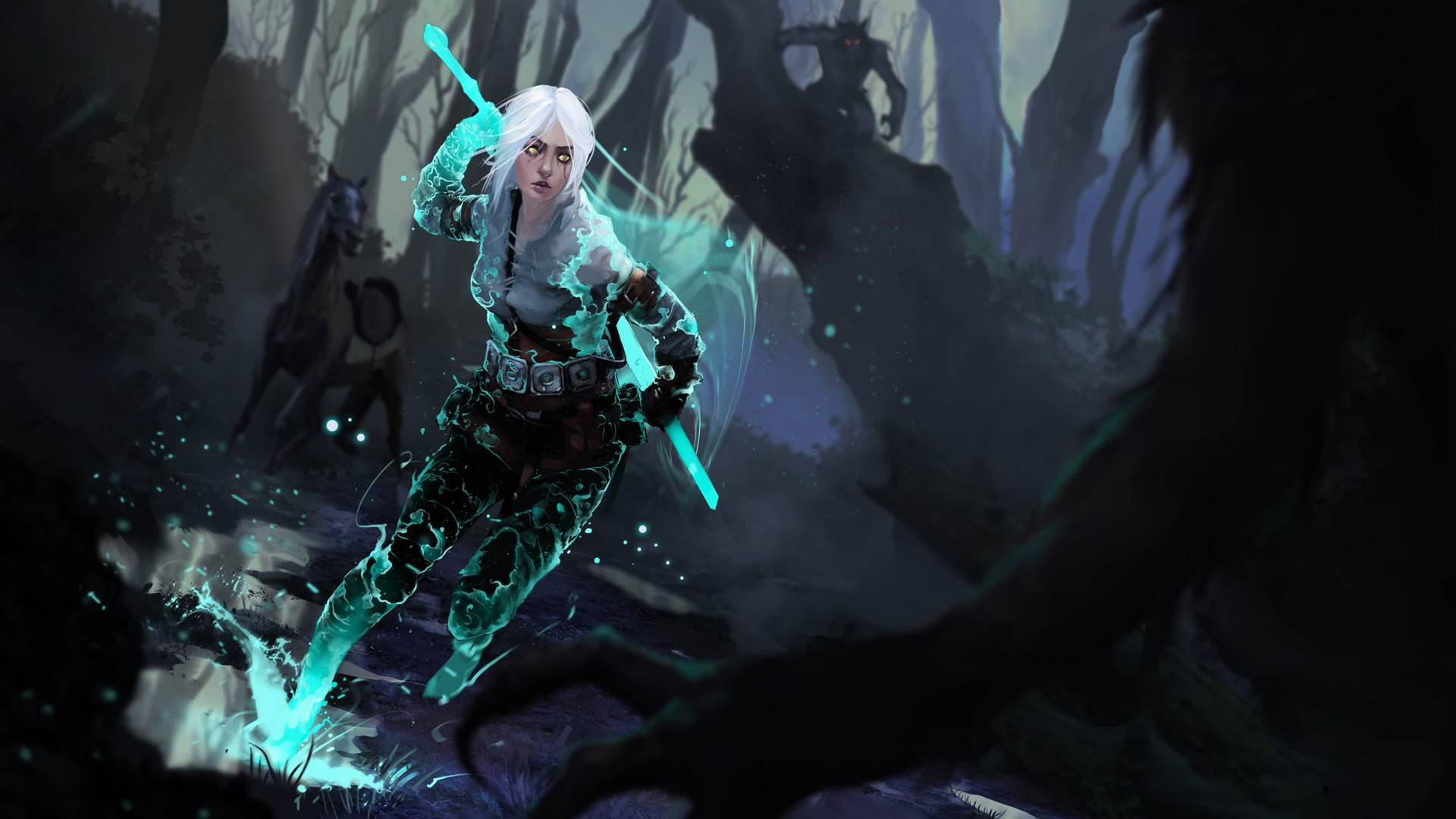 The Witcher - Ciri traverses a dark forest Wallpaper