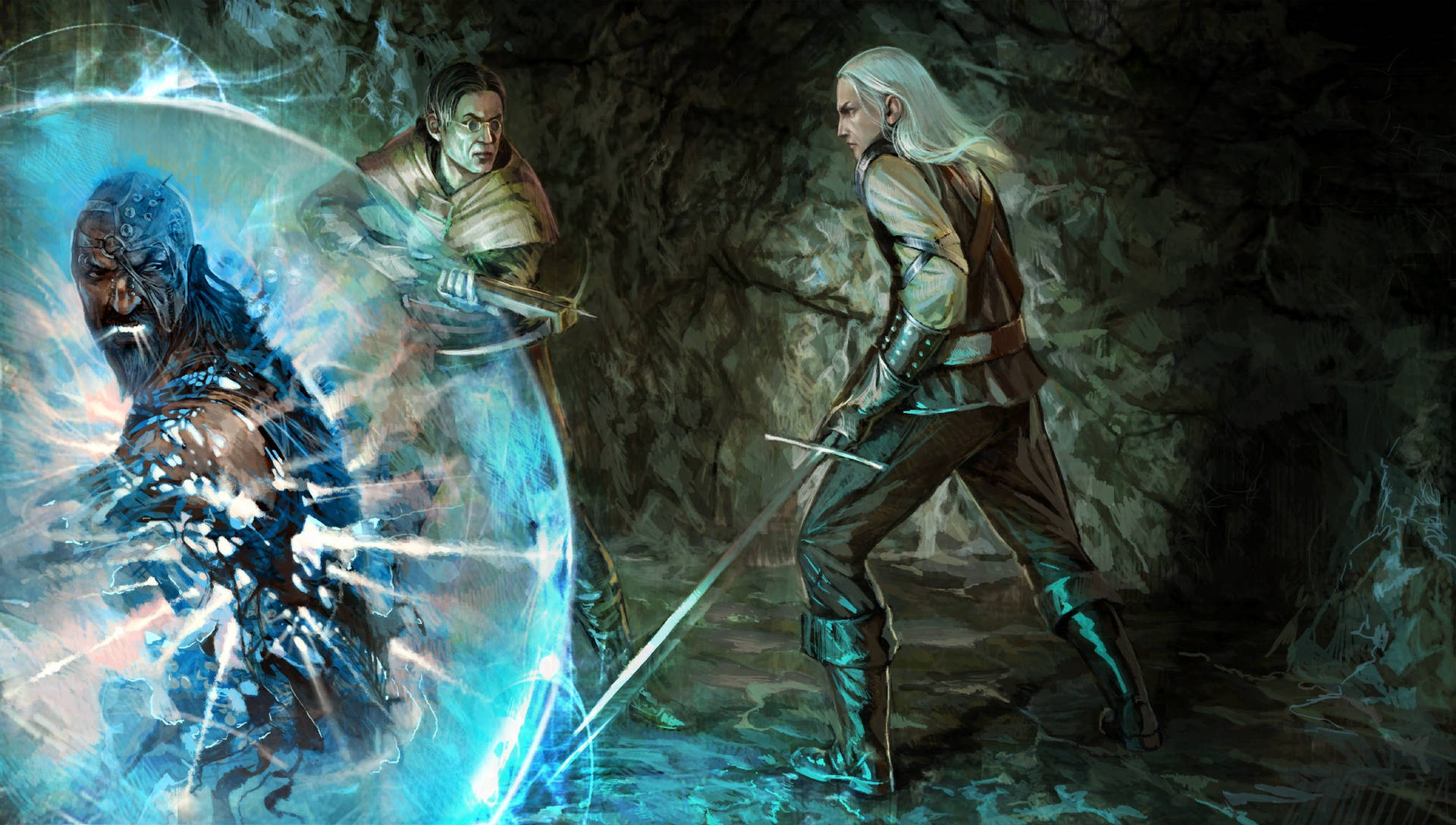 Geralt of Rivia and his alchemical and magical allies in a mysterious cave Wallpaper
