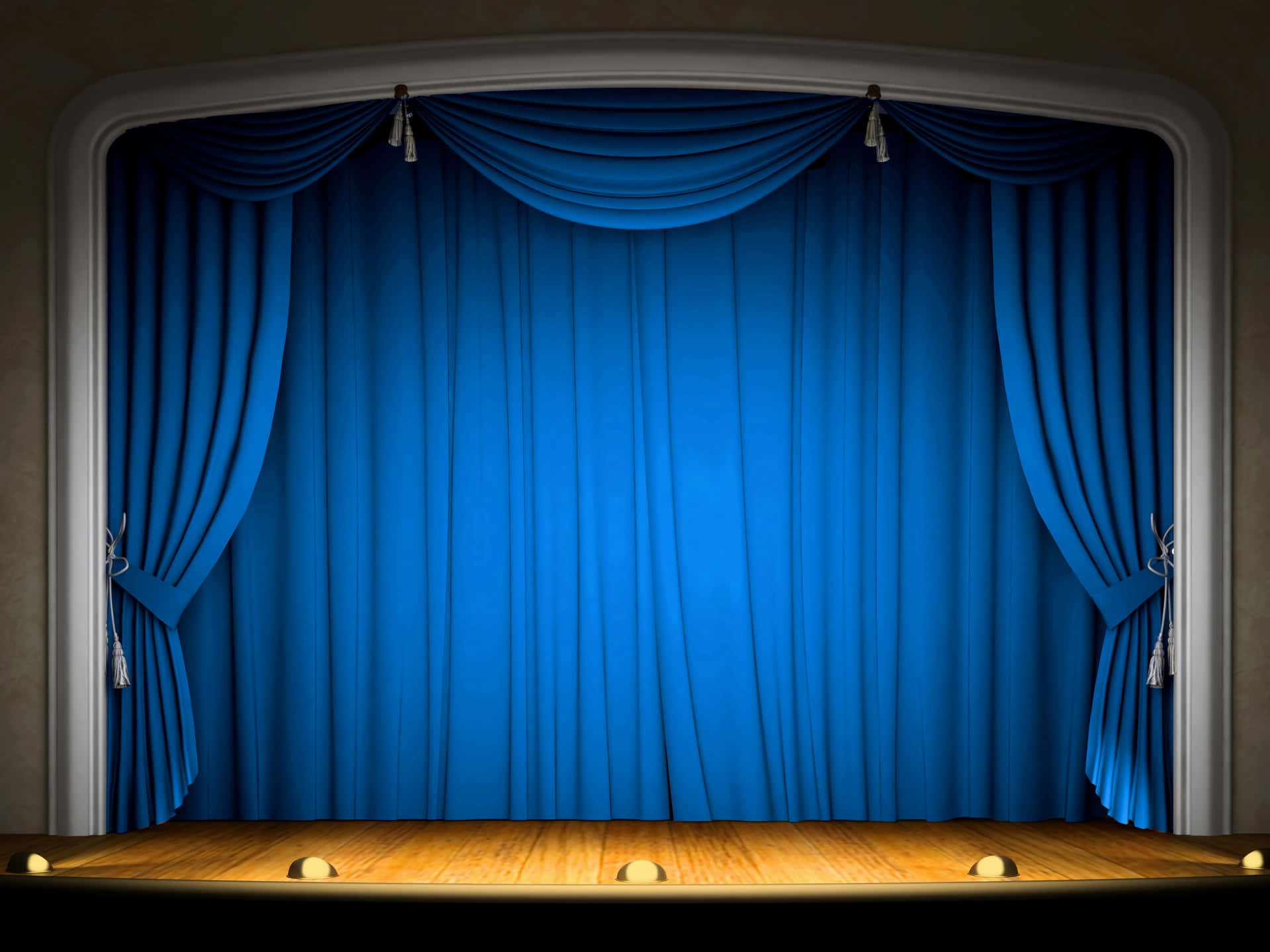 A Blue Curtain On A Stage With A Wooden Floor