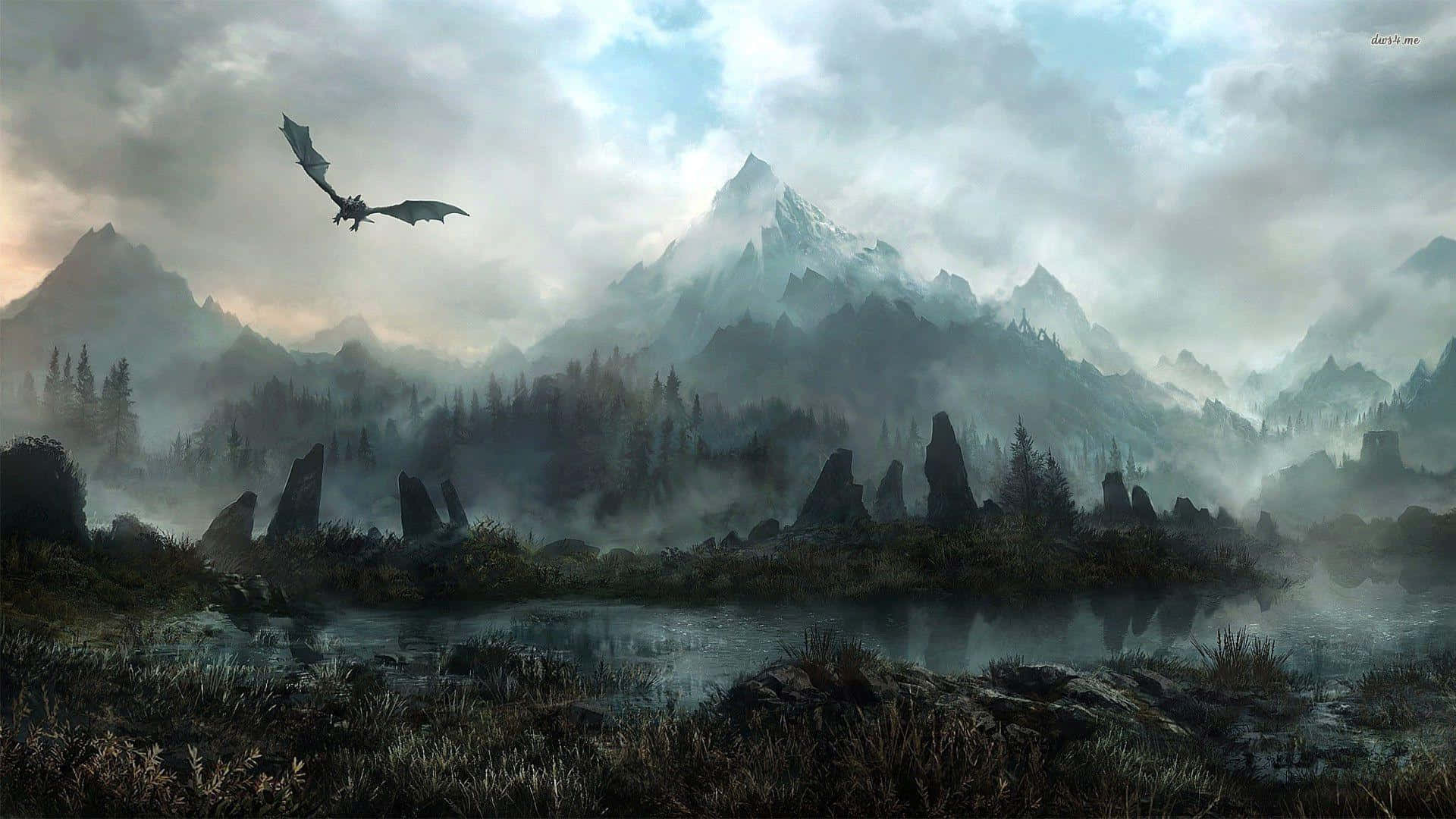 Theelder Scrolls V: Skyrim - Dragonborn Che Affronta Un Vasto Paesaggio.