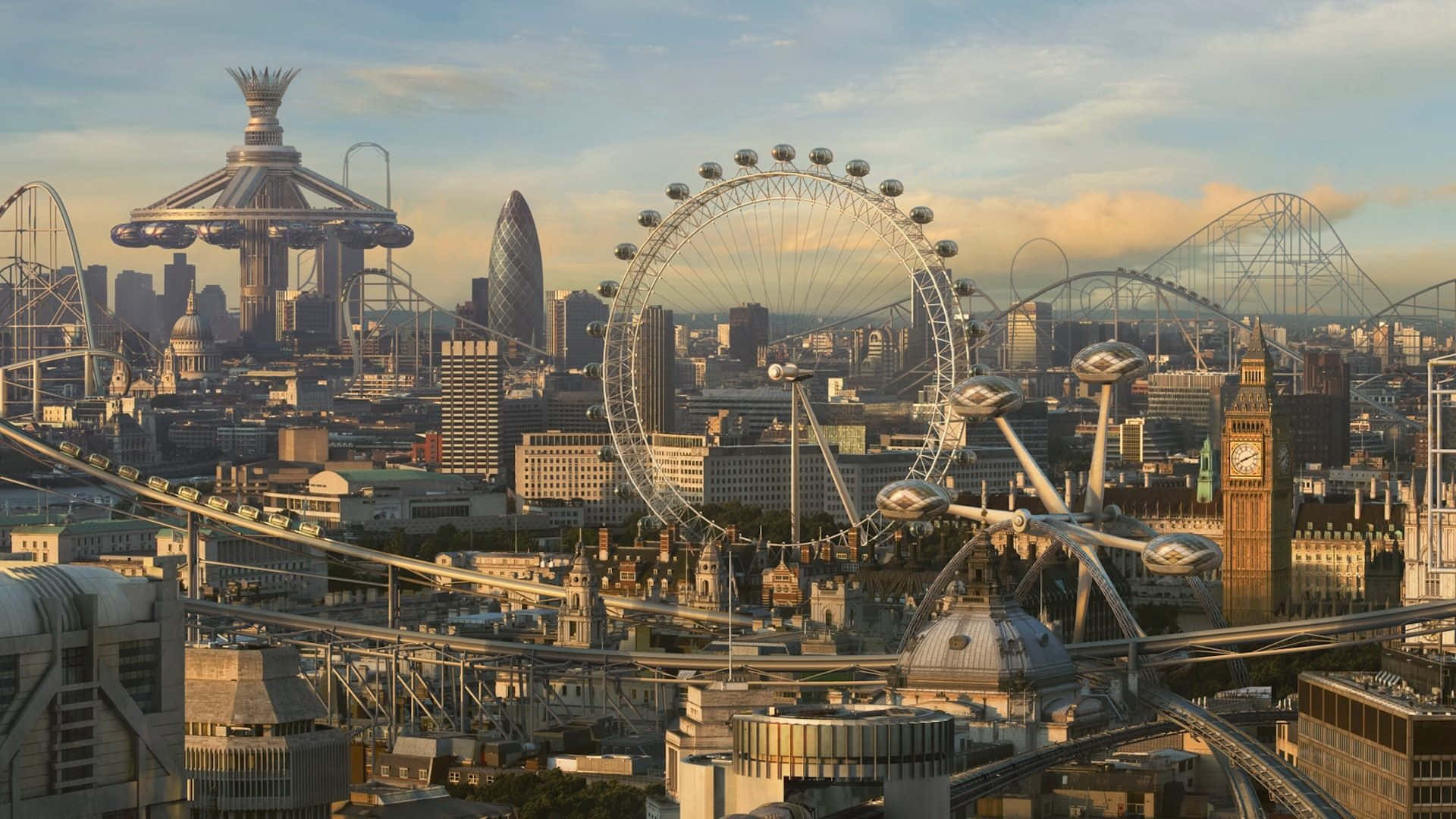 Futuristic City With A Ferris Wheel And Other Futuristic Buildings