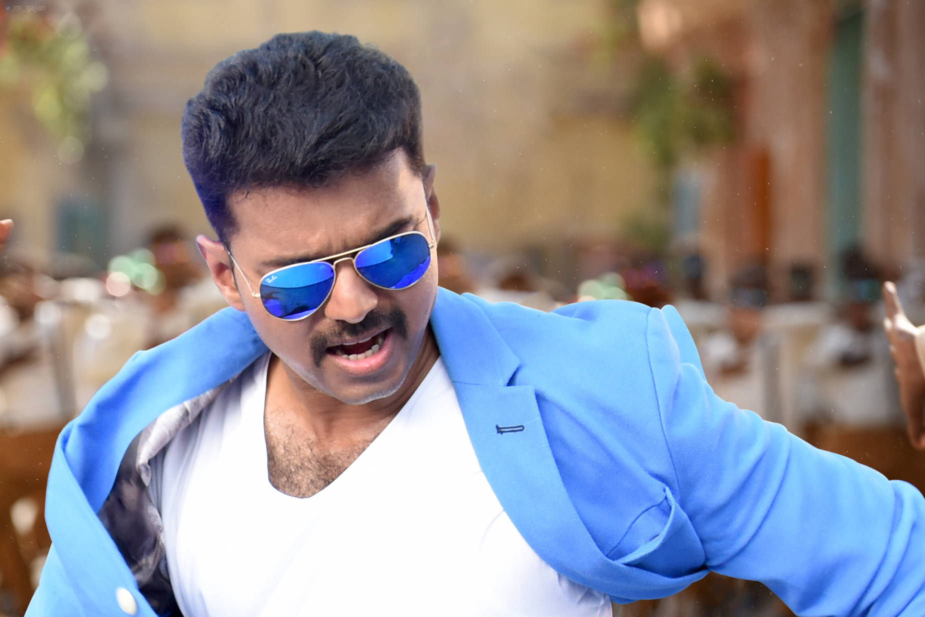 Vijay in Theri Movie sporting blue sunglasses and blazer Wallpaper