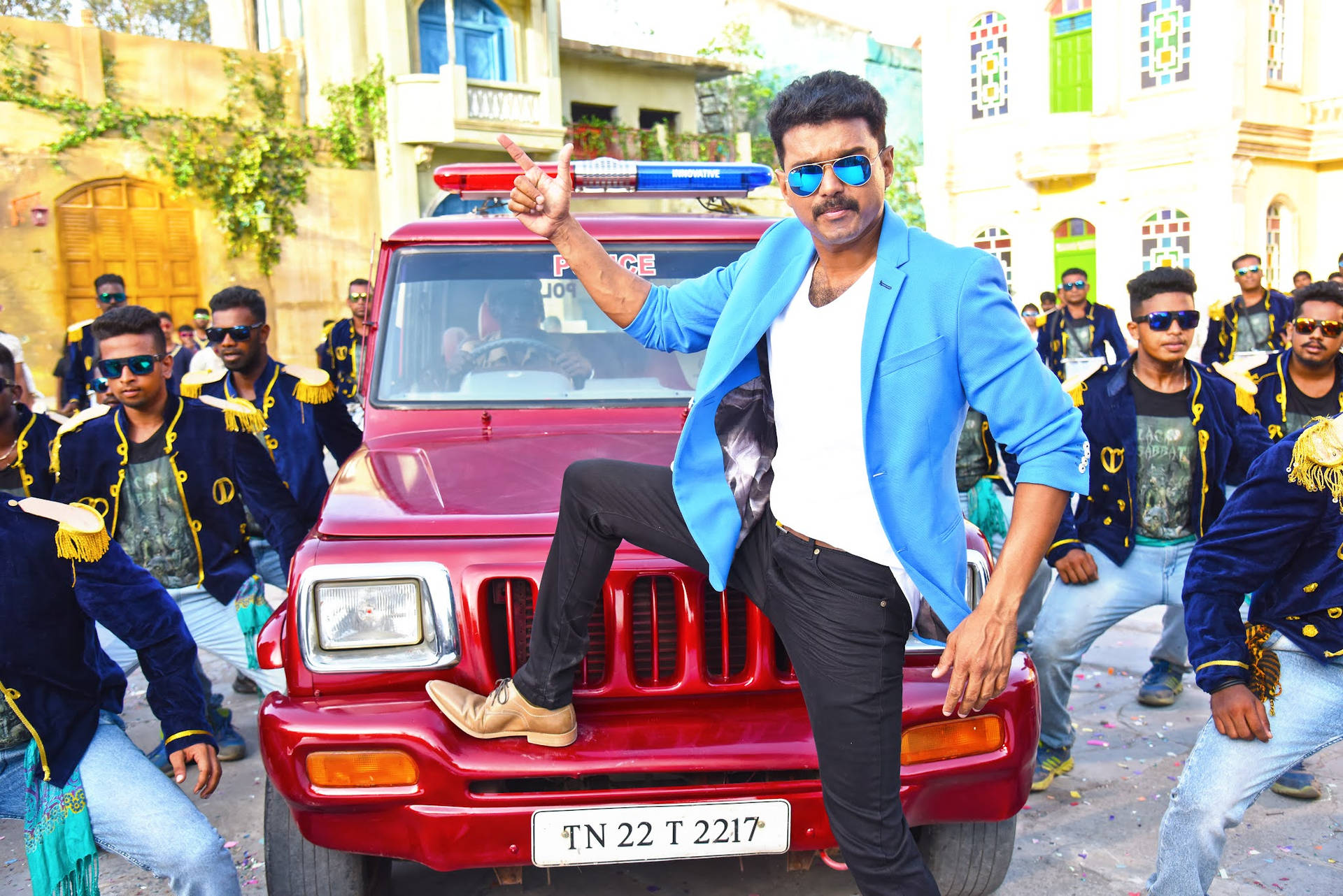 Theri Movie Red Police Car Wallpaper