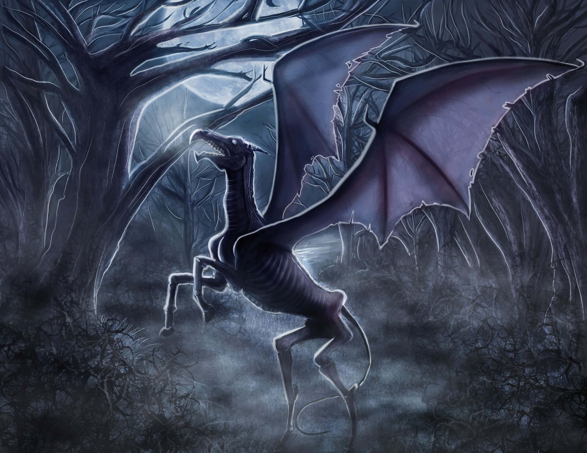 Thestral gracefully spreading its wings in a dimly lit forest Wallpaper