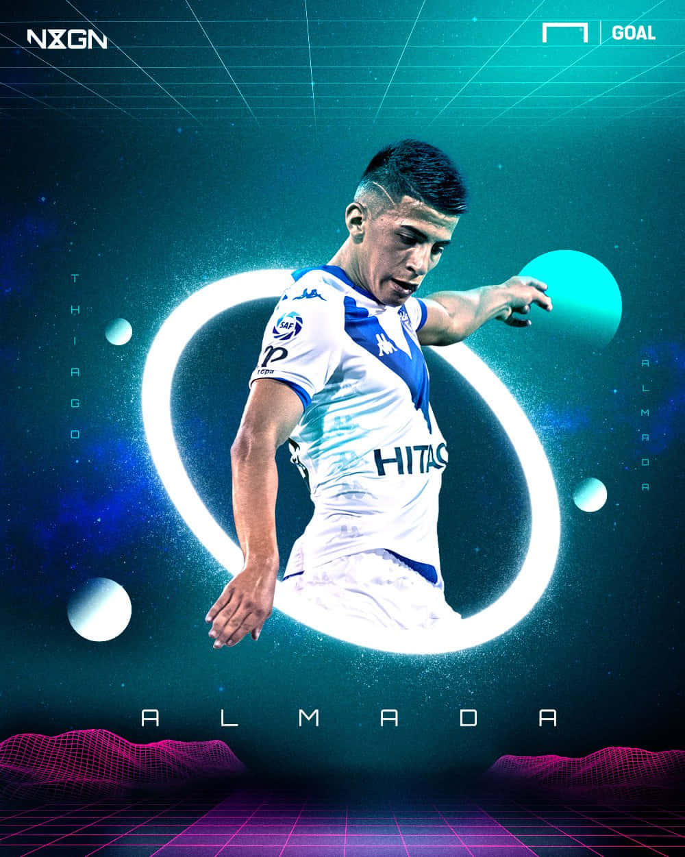 Thiago Almada showcasing his dynamic football skill in a retro style poster. Wallpaper