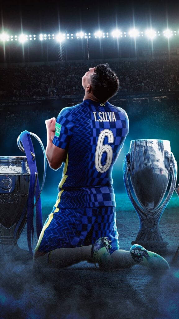 Thiago Silva Kneeling With Championship Cups Wallpaper