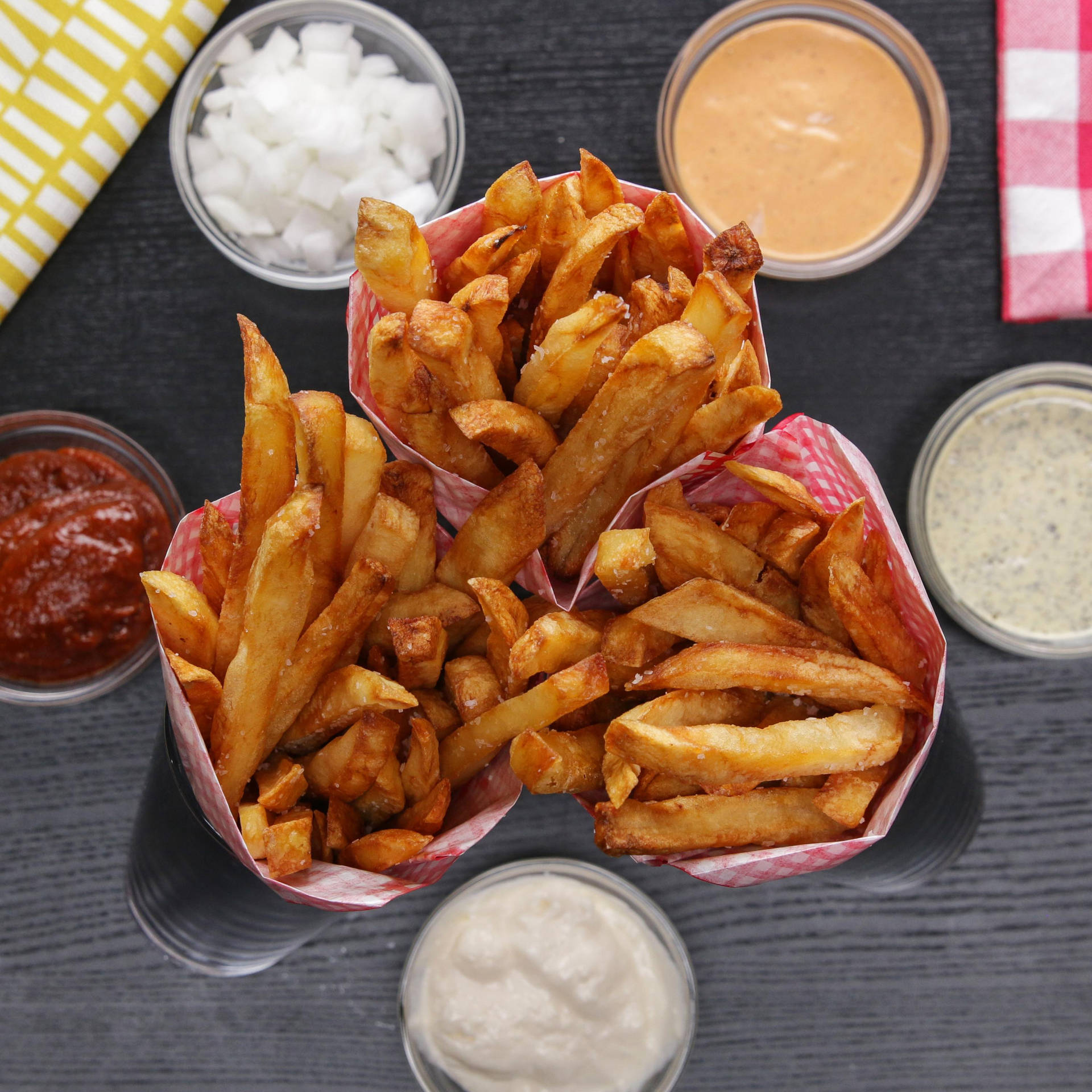 Thick French Fries And Sauces Wallpaper