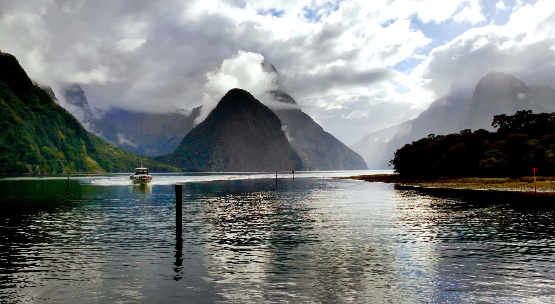 Thick White Clouds Milford Sound Wallpaper