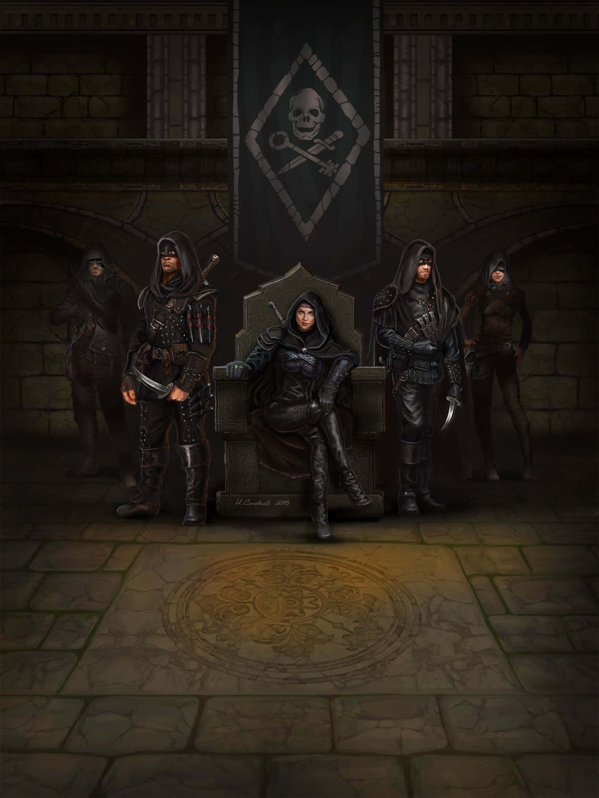 Intriguing Thieves Guild Meeting in Shadowy Hideout Wallpaper