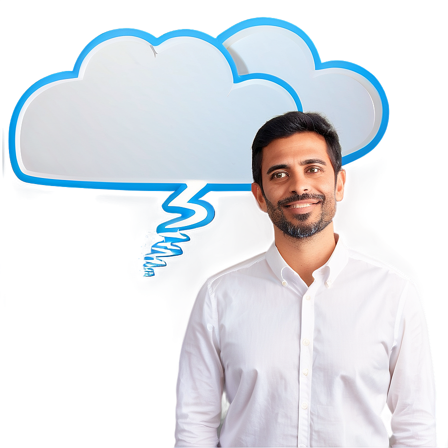 Man in white shirt with glowing blue cloud and lightning bolt thought bubble