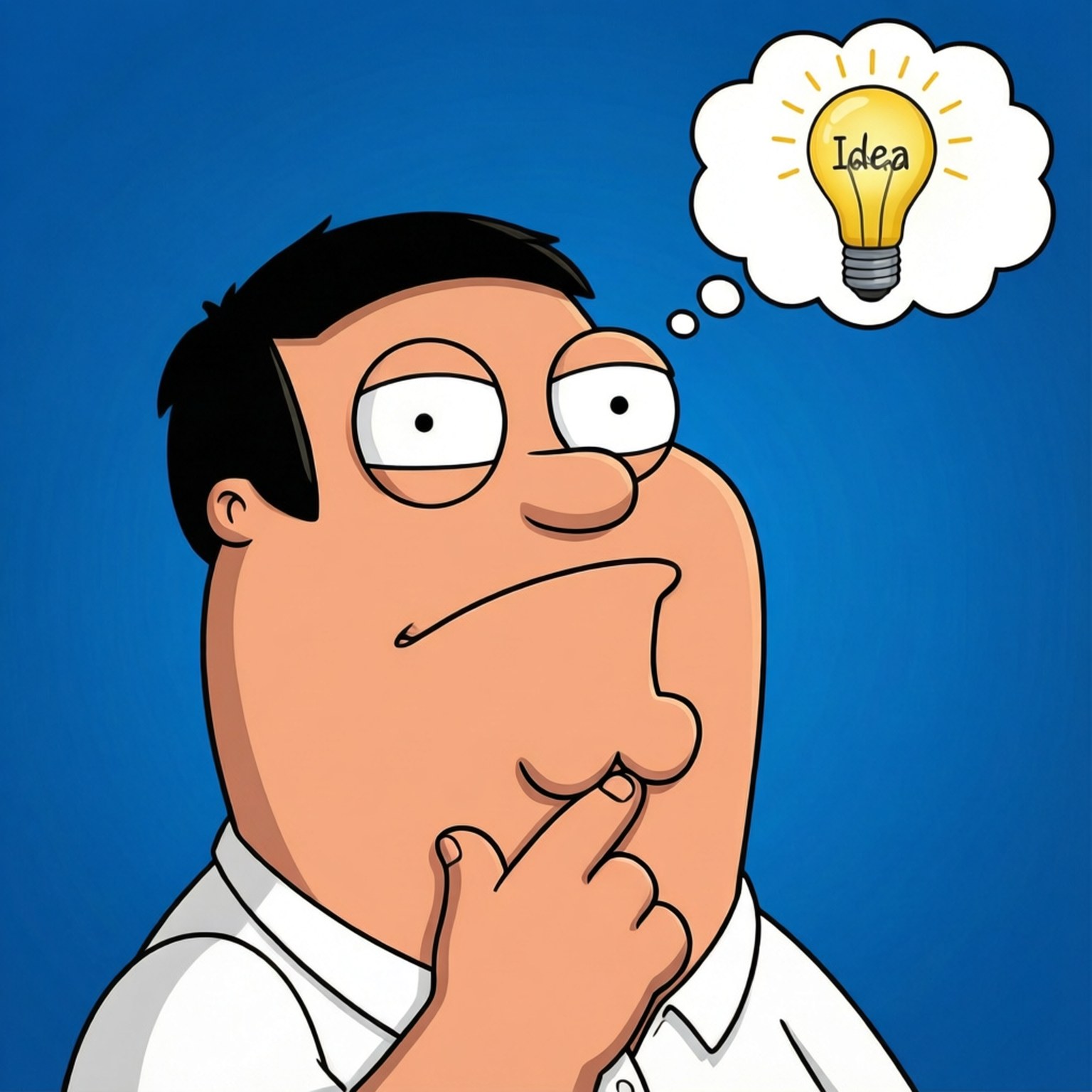 Peter Griffin tænker, finger på hagen, idé pære, blå baggrund.