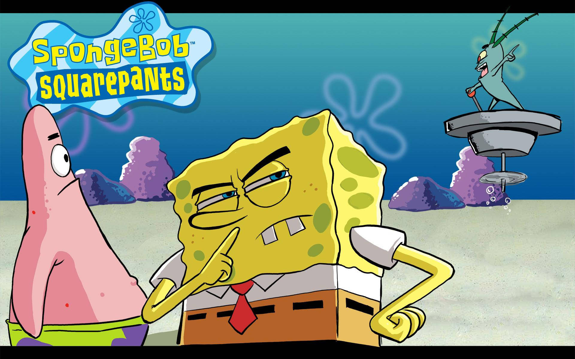 Tænkende SpongeBob Og Patrick Med Plankton Wallpaper