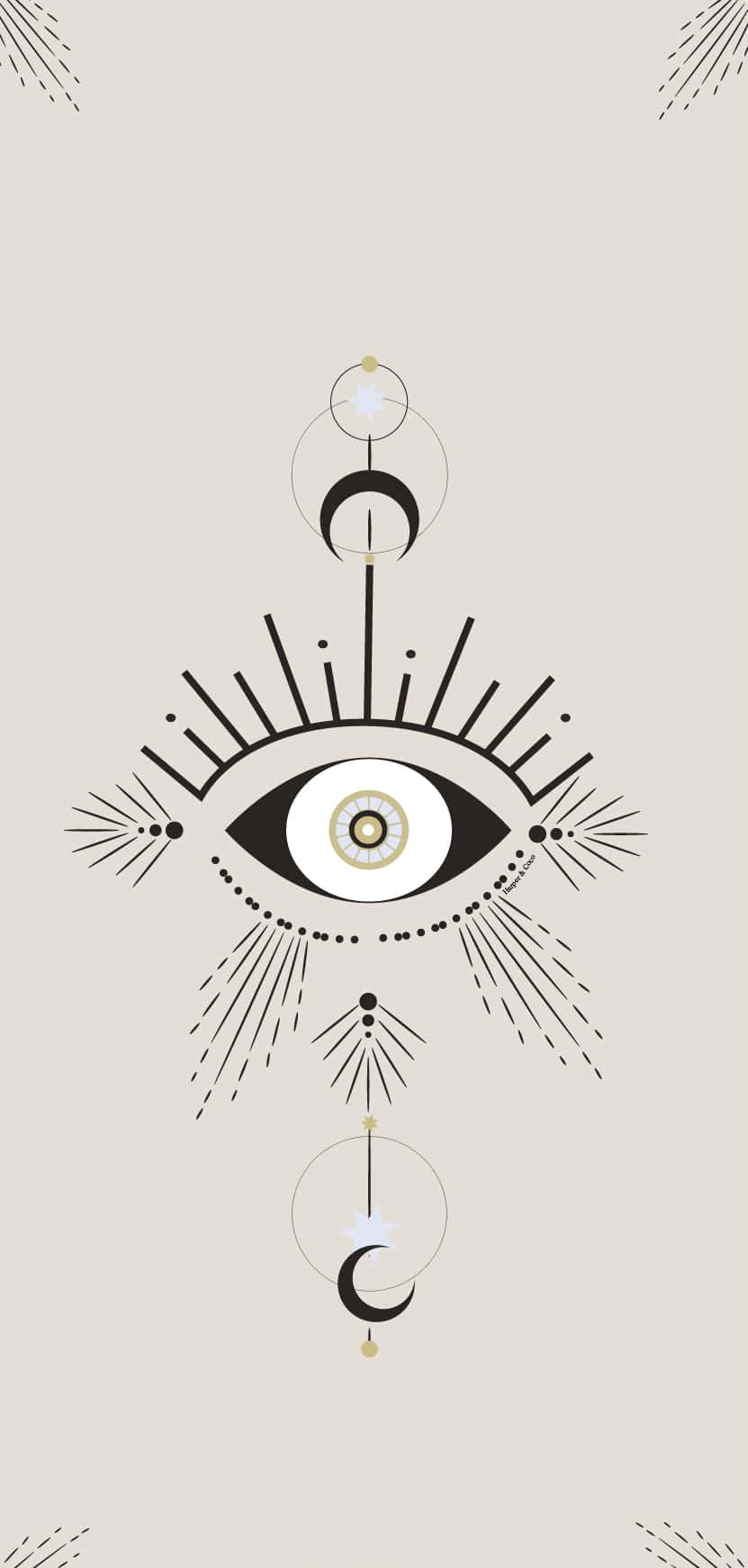 Et sort og hvidt illustration af et øje med et halvmåne og stjerner. Wallpaper