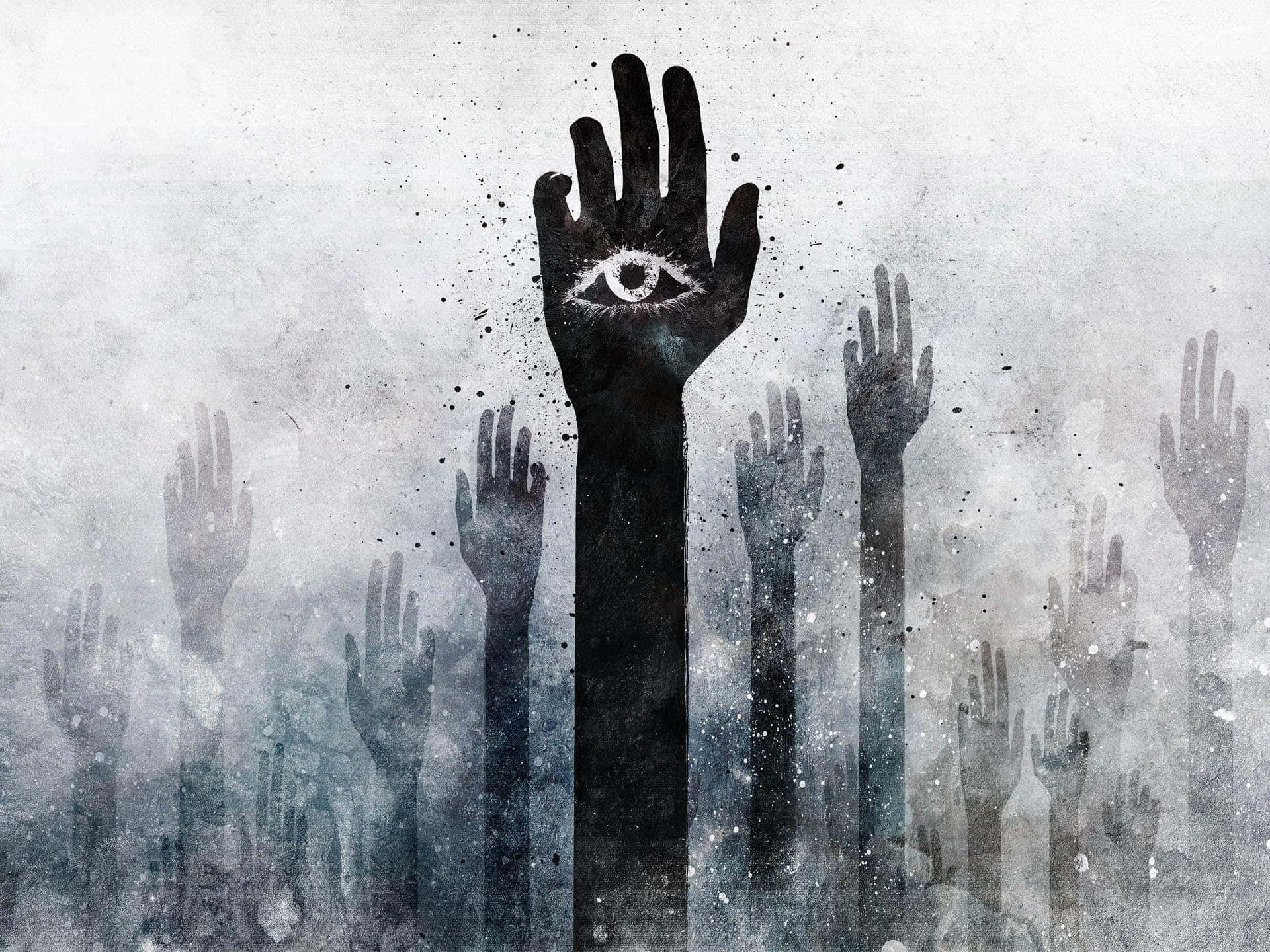 A Hand With An Eye In It Is Reaching Up To The Sky Wallpaper