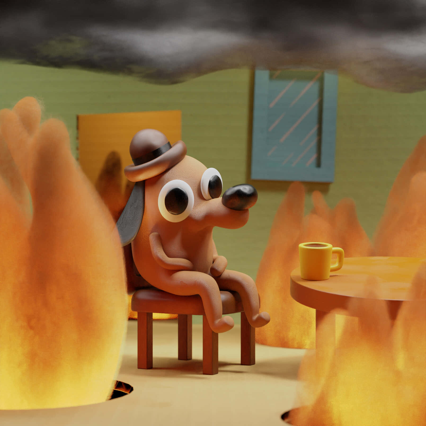 This Is Fine Dog Staring At The Fire Wallpaper