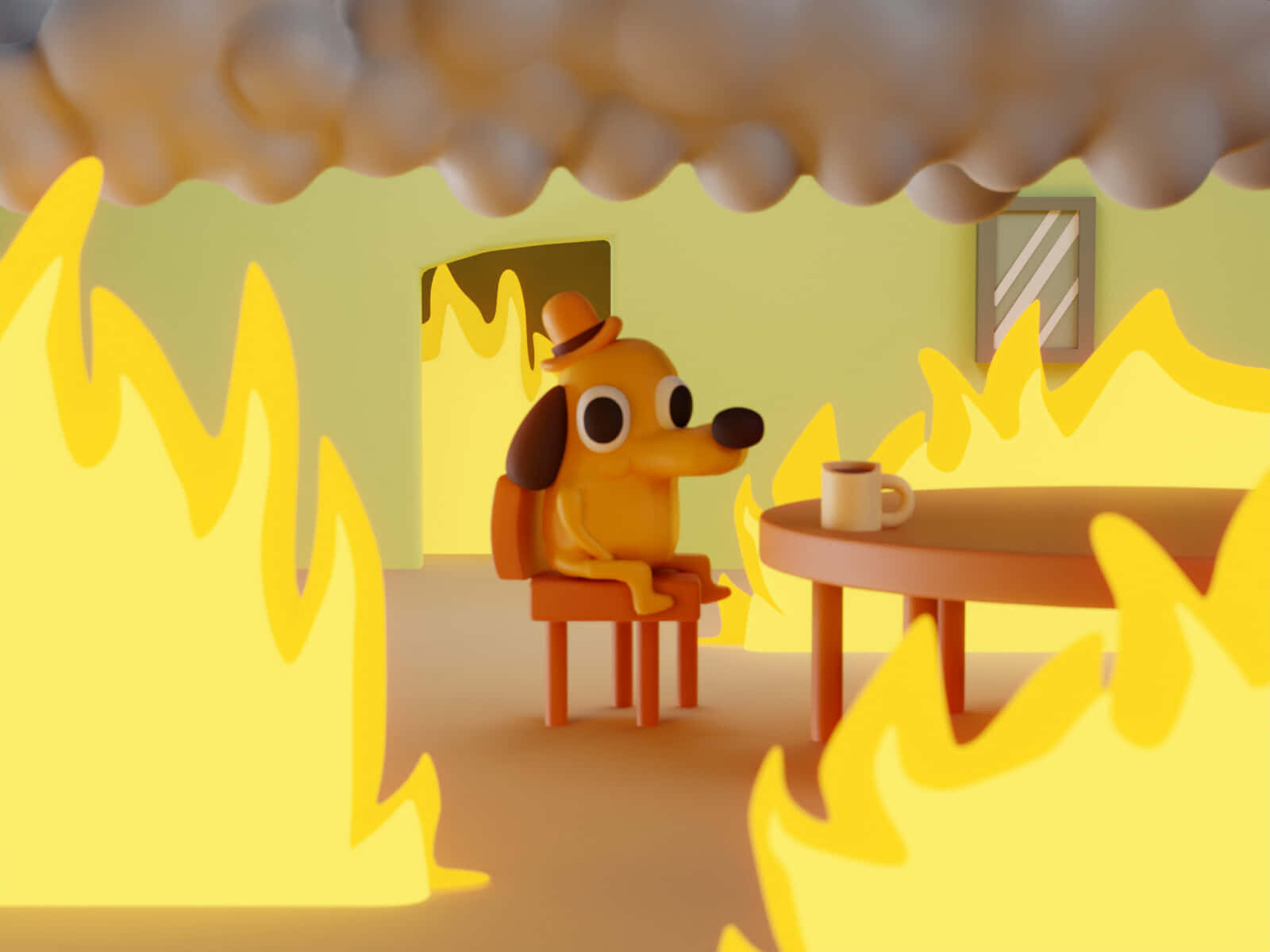 A Cartoon Dog Sitting At A Table With Fire In The Background Wallpaper