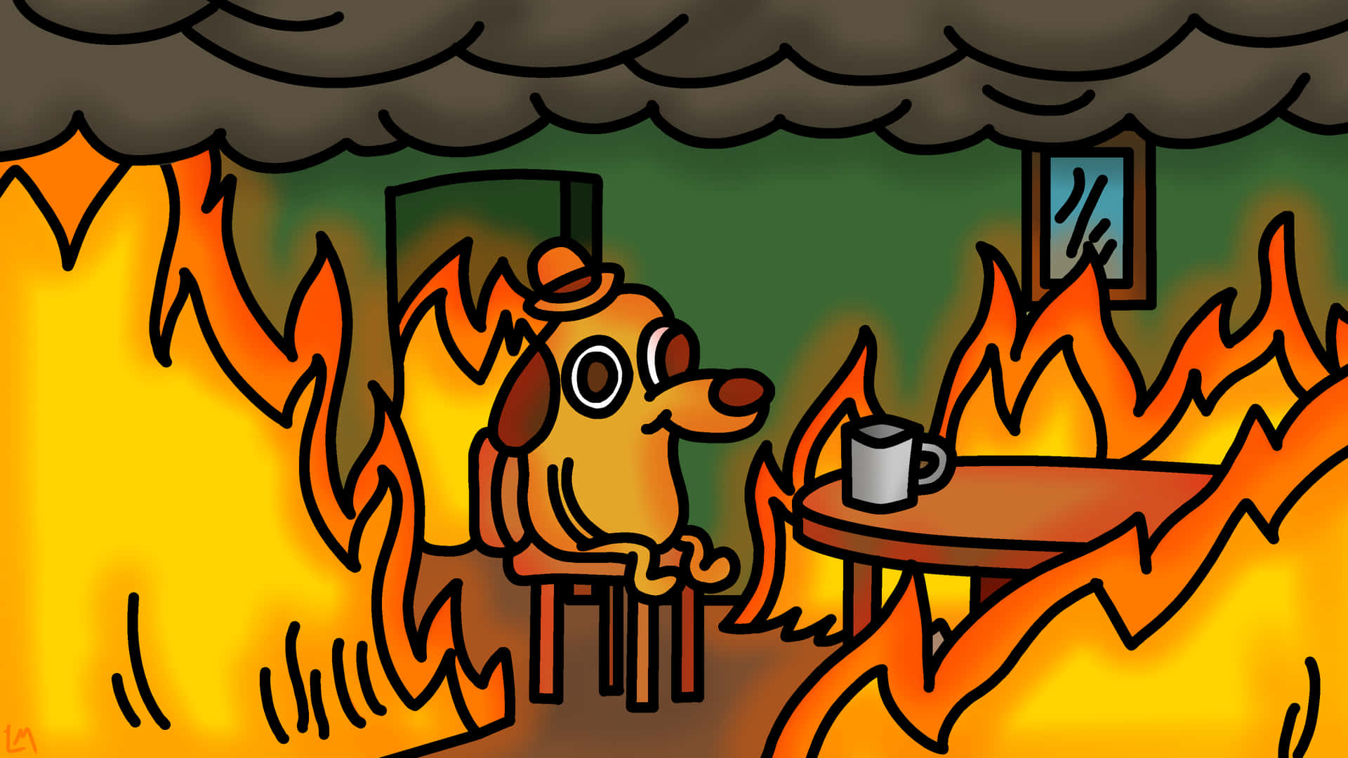 A Cartoon Character Sitting In Front Of A Fire Wallpaper