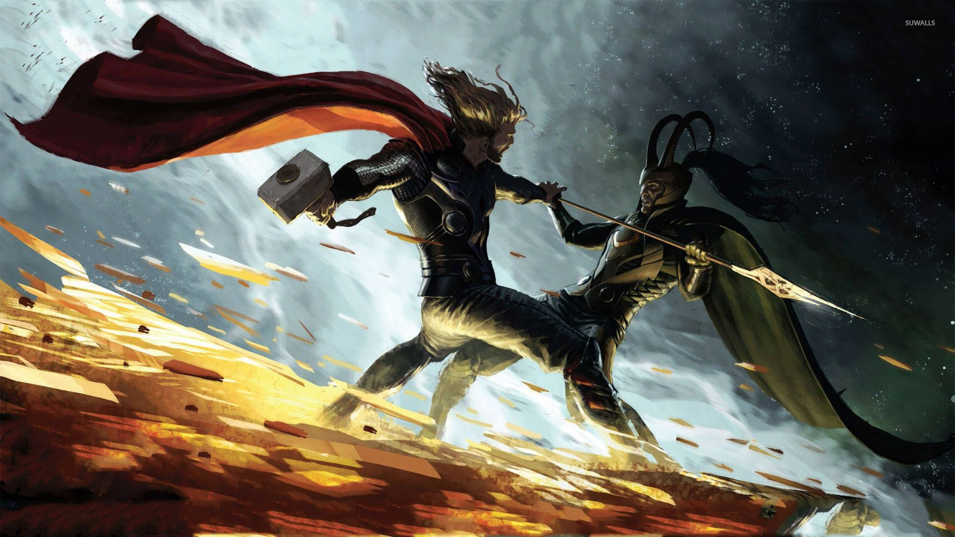 Thor and Loki Engaged in an Epic Battle Wallpaper