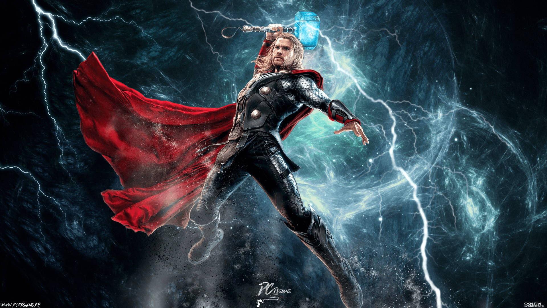 Avengers superhero, Thor with his lightning super powers surrounded by thunders.