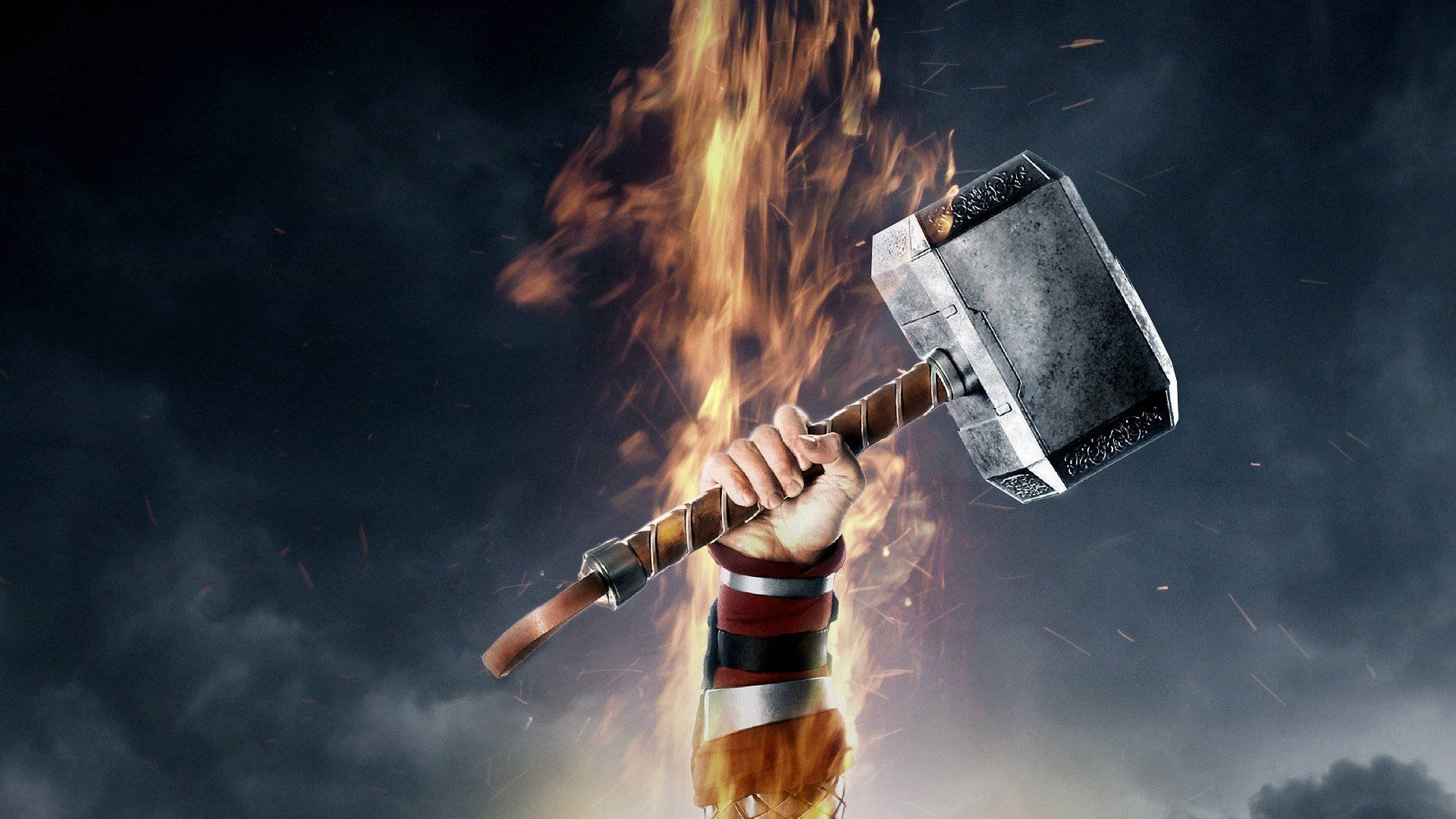 Thor Hammer Held By A Flaming Hand Wallpaper