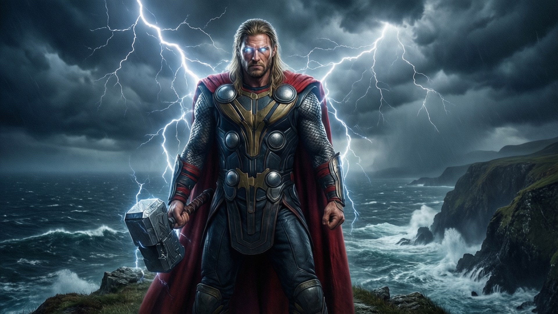 Thor Stormbreaker Achtergronden — Thor zwaait Stormbreaker met bliksem tegen een stormachtige lucht.
