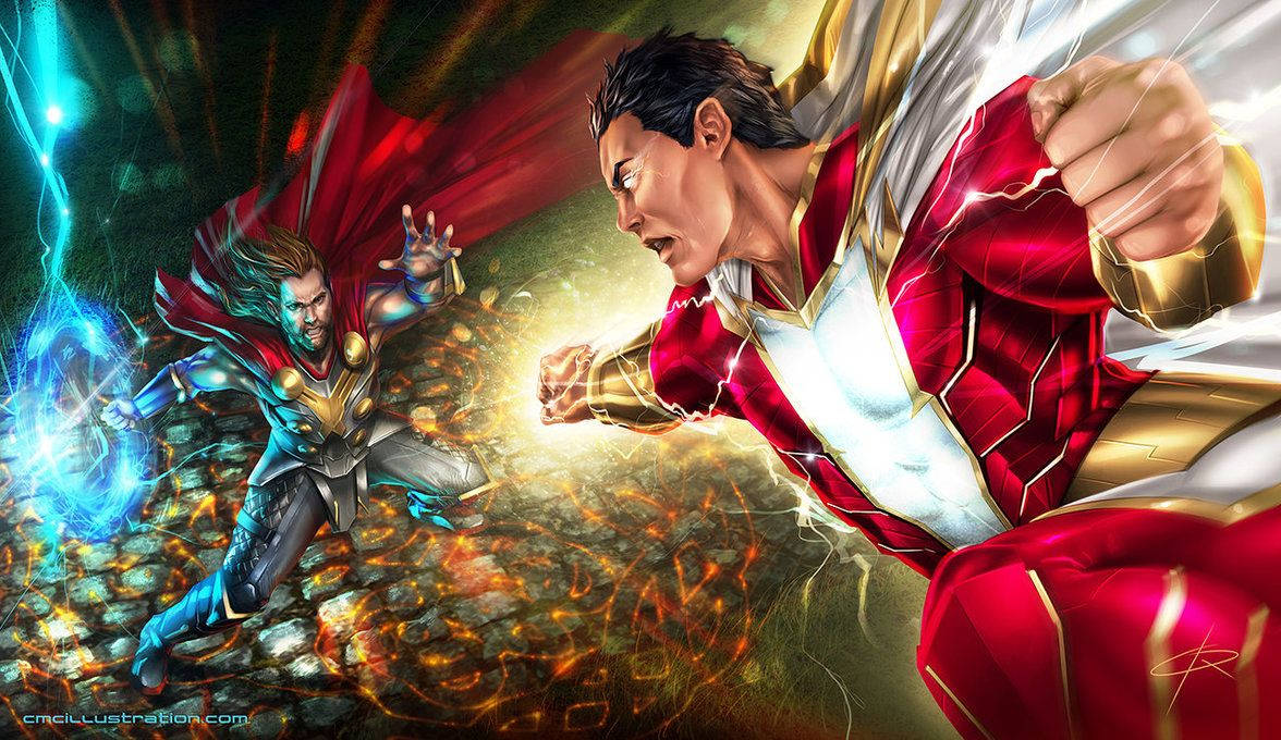 Thor Vs. Shazam The Battle Of Thunder And Lightning Wallpaper