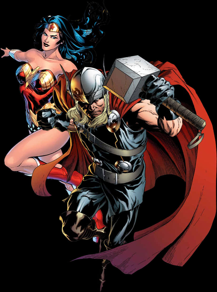 Thor_and_ Wonder_ Woman_ Crossover_ Art PNG
