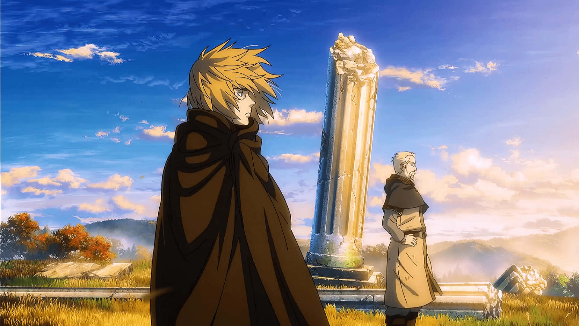 Thorfinn Standing Among Ruins Anime Scene Wallpaper