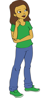 Thoughtful Cartoon Girlin Green Shirt PNG
