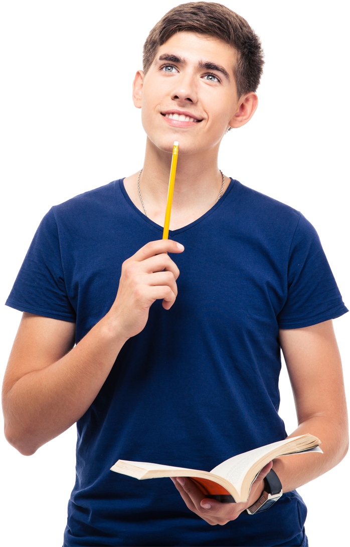 Thoughtful Studentwith Bookand Pencil PNG