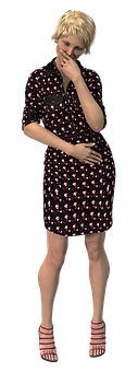 Thoughtful Womanin Floral Dress PNG