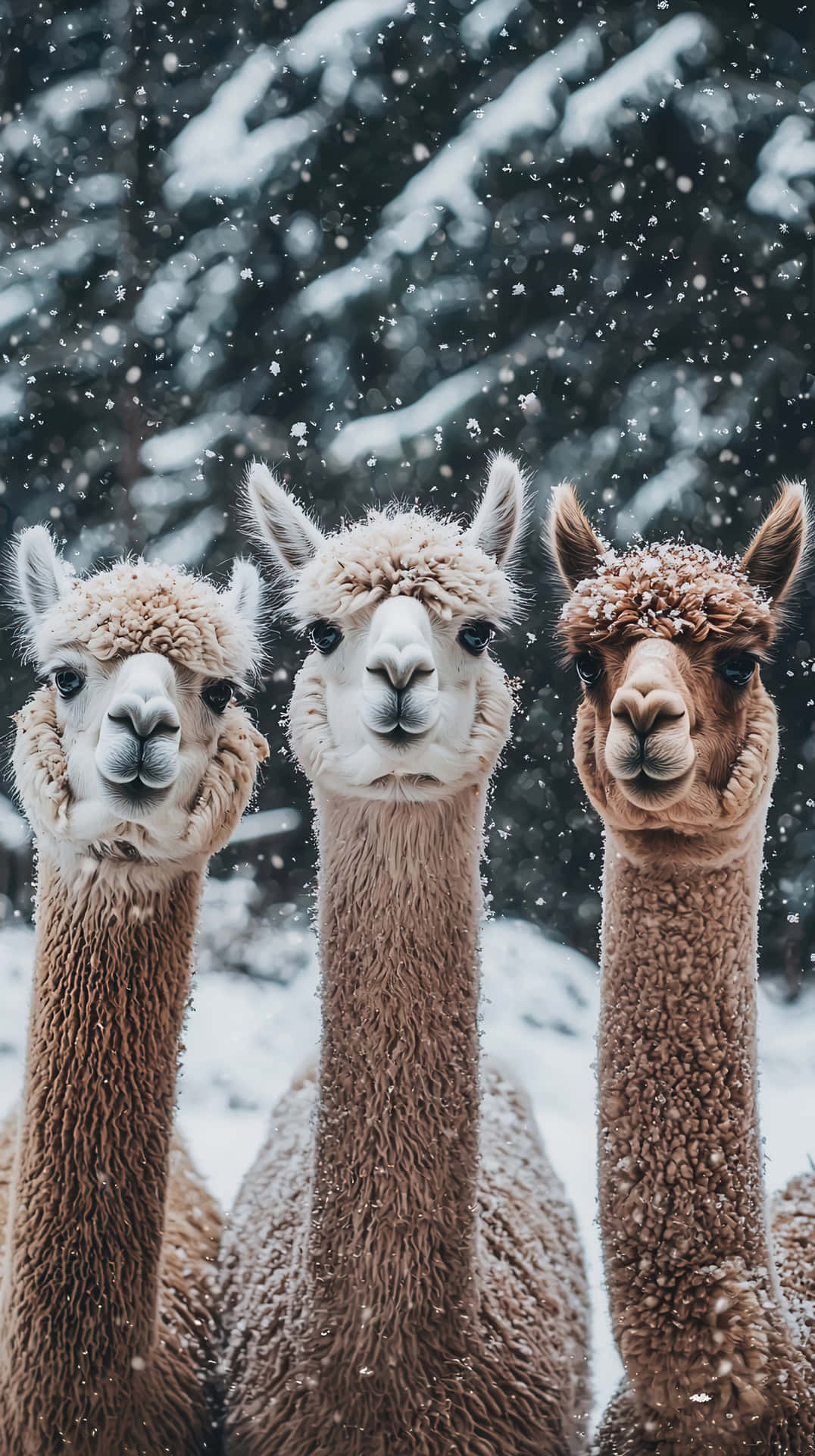 Three Alpacas In Winter Snowfall With A Snowy Forest Background Wallpaper