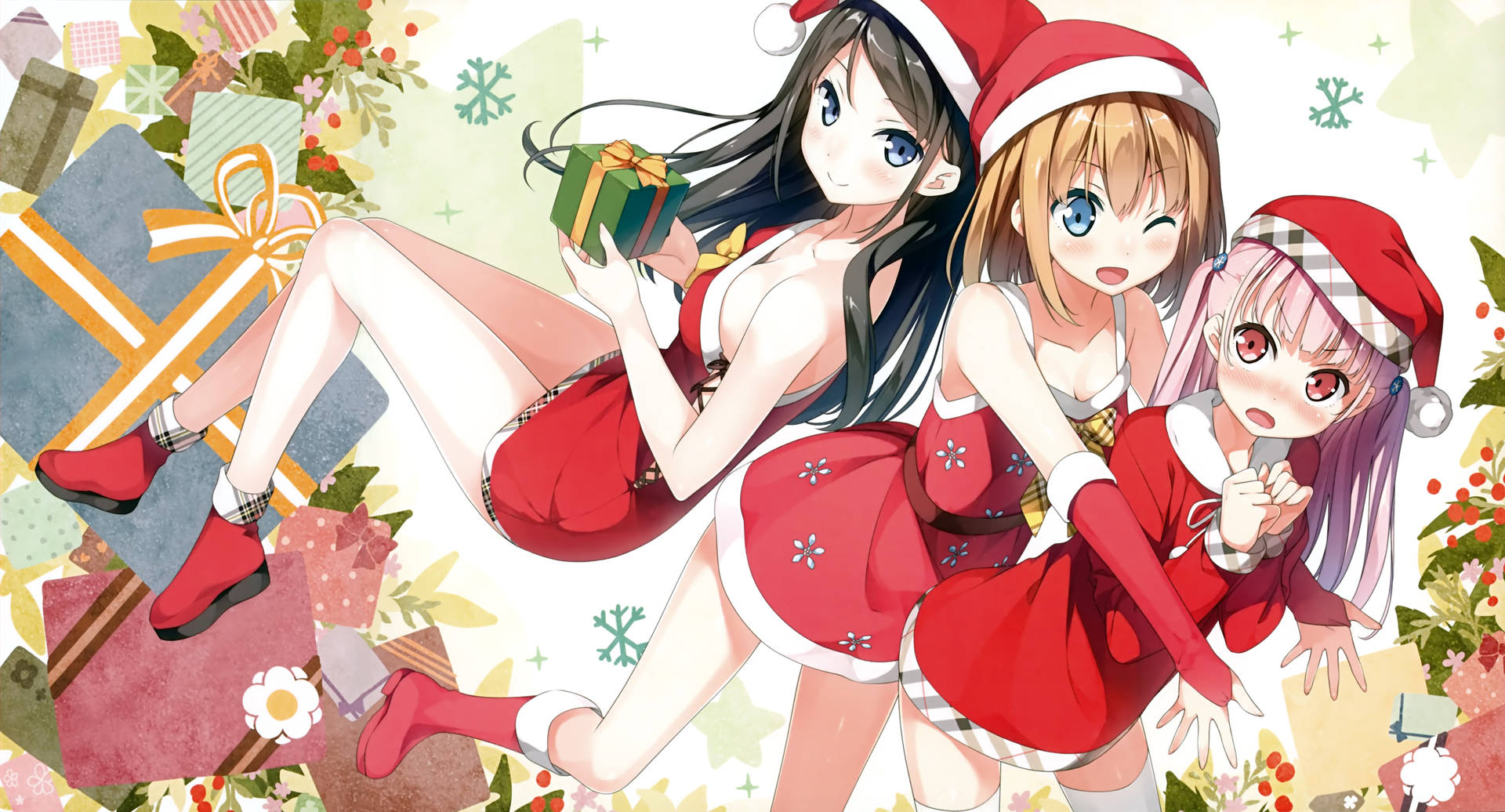 Three Anime Girl Christmas Characters Wallpaper