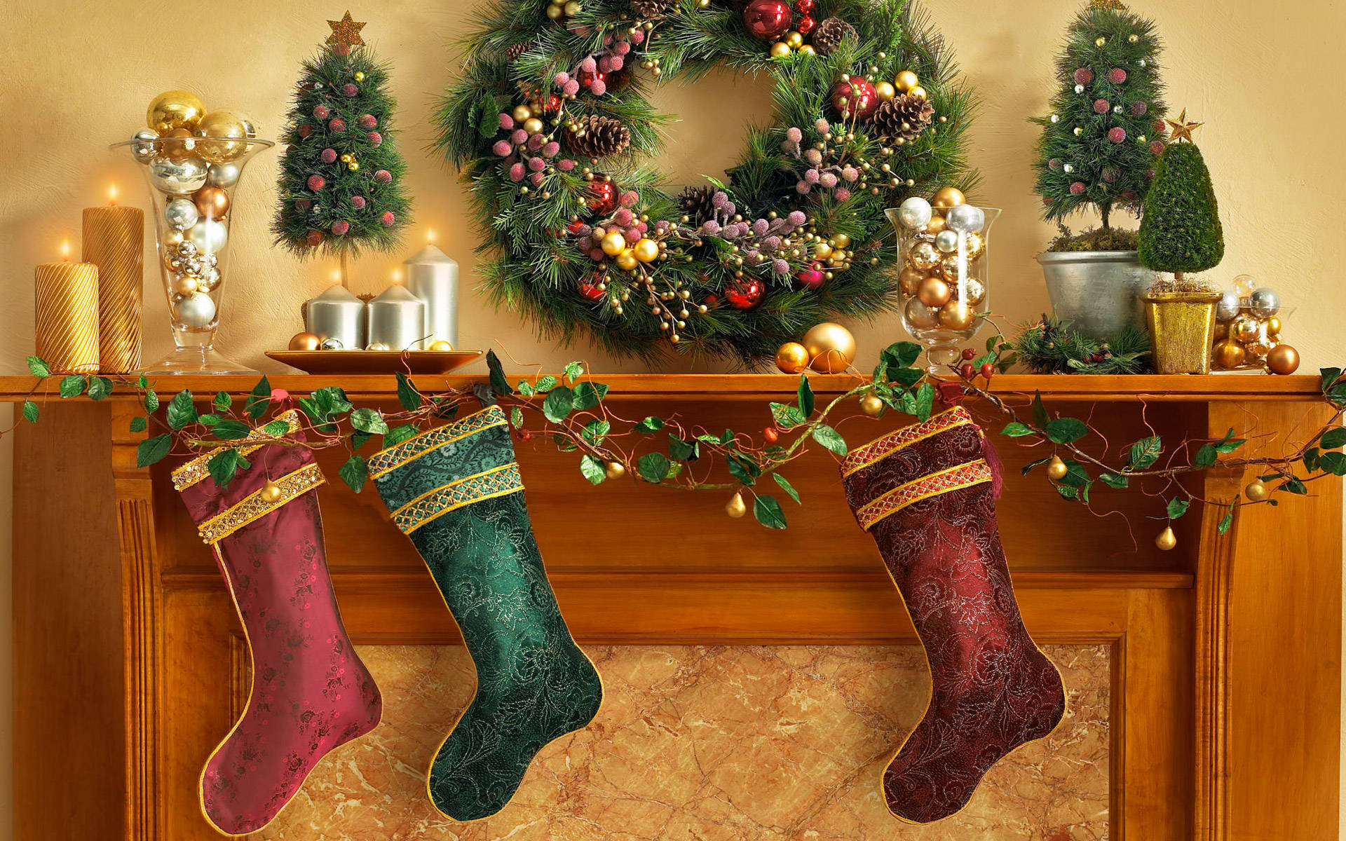 Three Beautiful Christmas Stockings Art Wallpaper