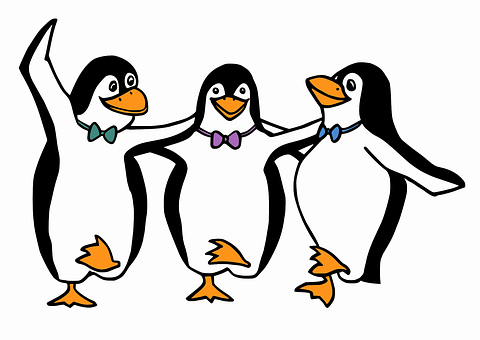 Three Cartoon Penguins Celebrating PNG