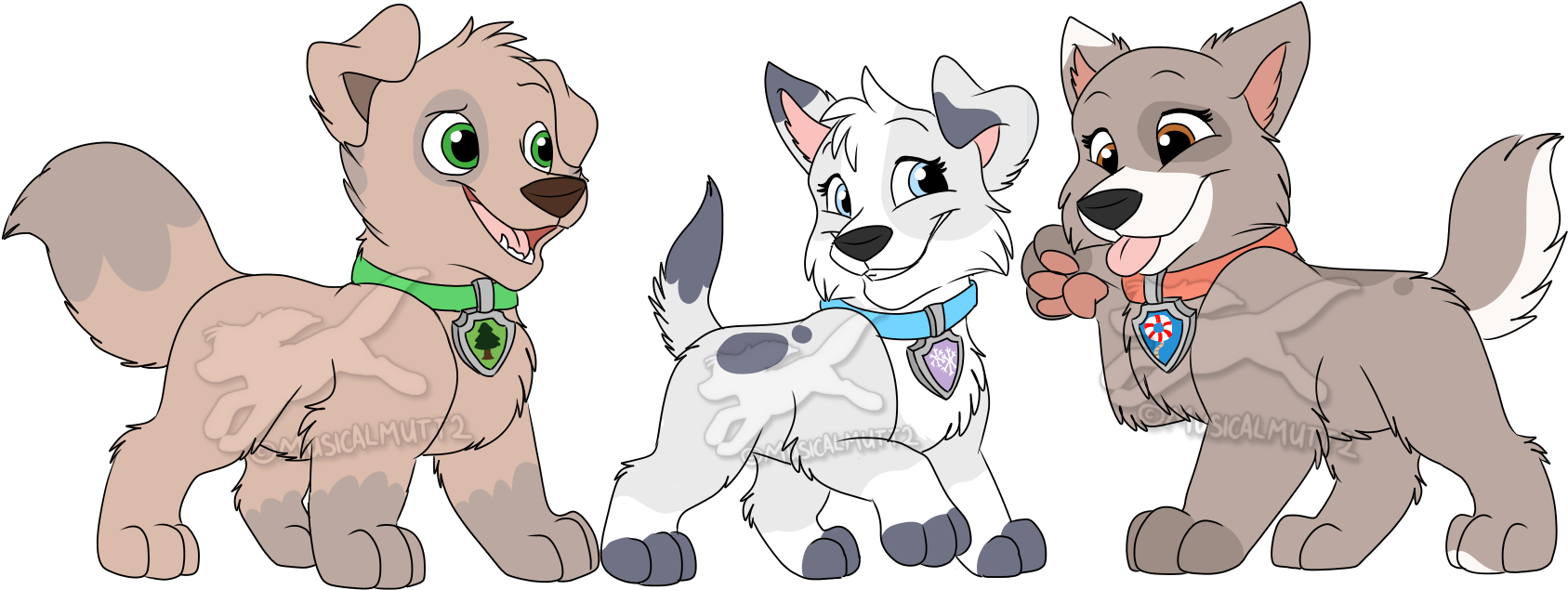 Three Cartoon Pups Friendly Pose PNG