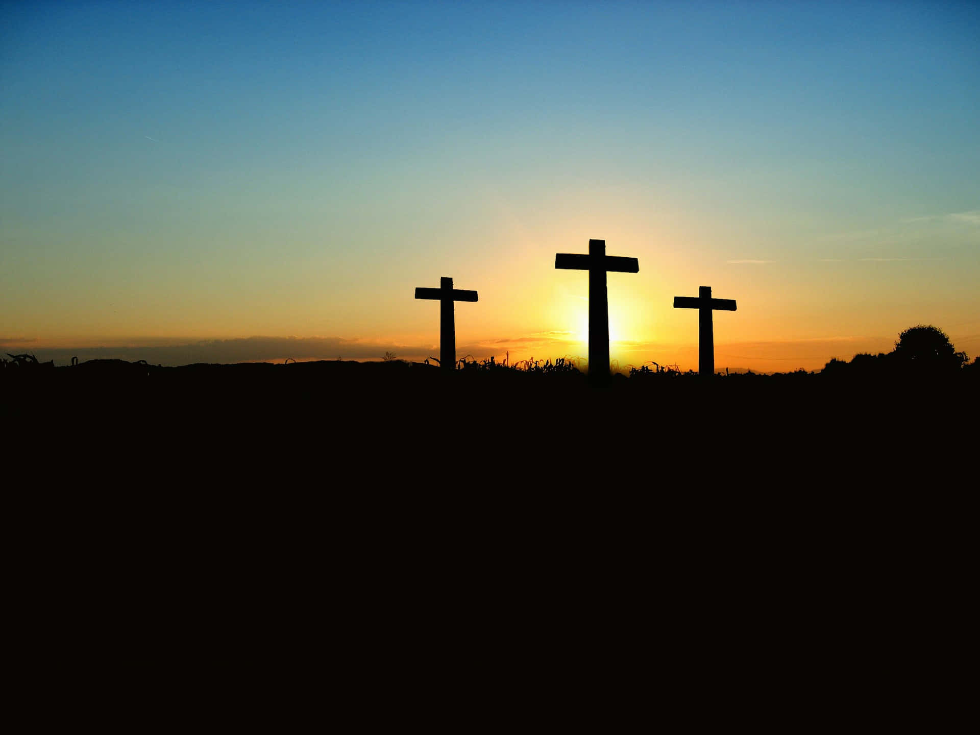 Drie Kruisen Zonsondergang Silhouet Achtergrond