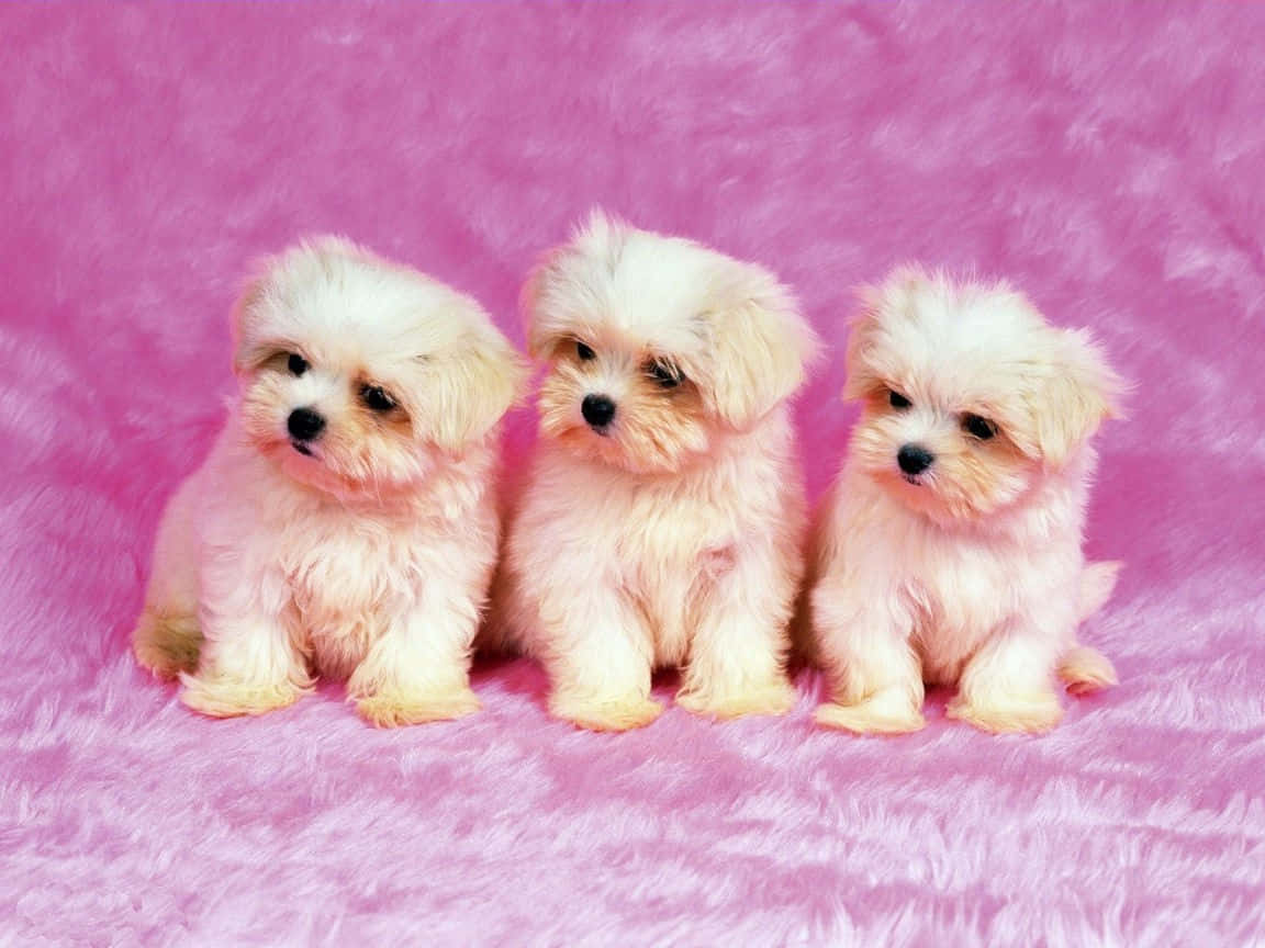 Three Fluffy Puppies Pink Backdrop Wallpaper