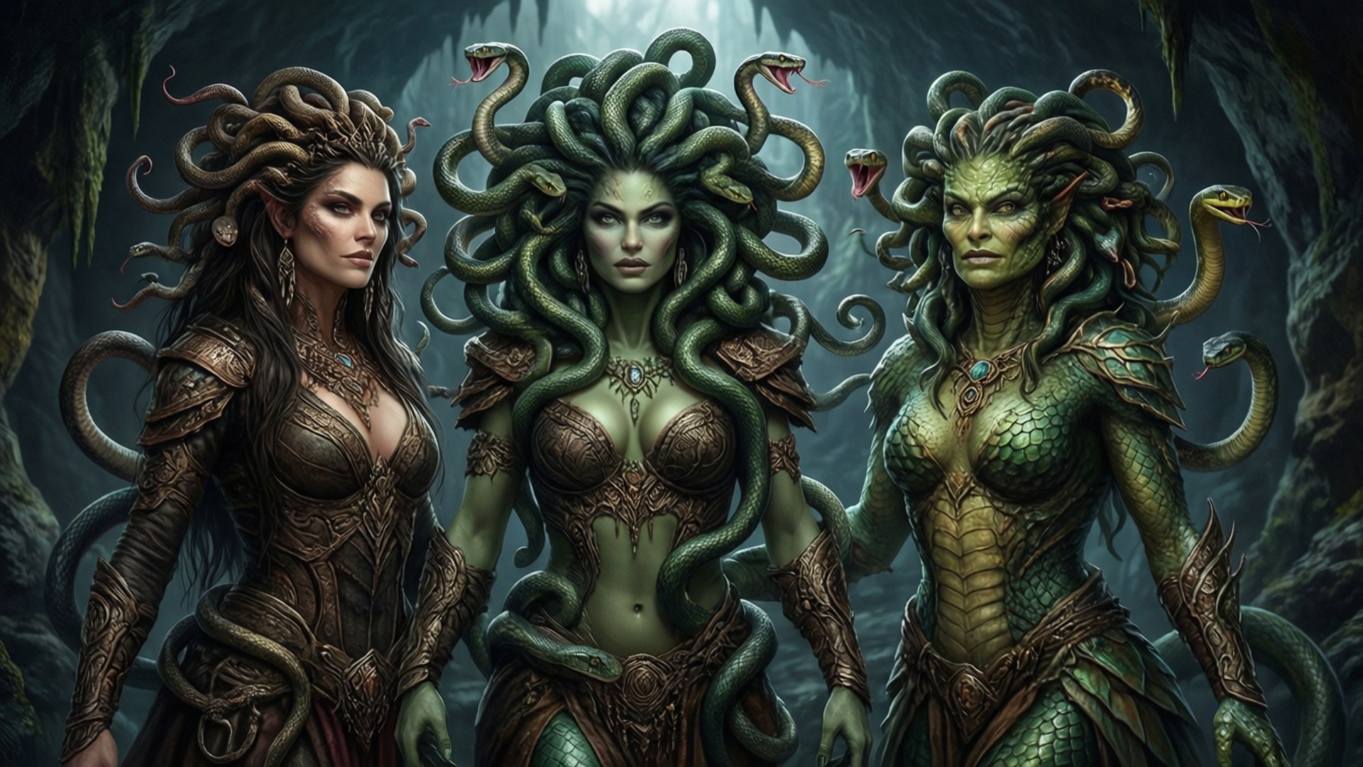De tre gorgonsøstre i en hule, mørk fantasy med indviklede detaljer.