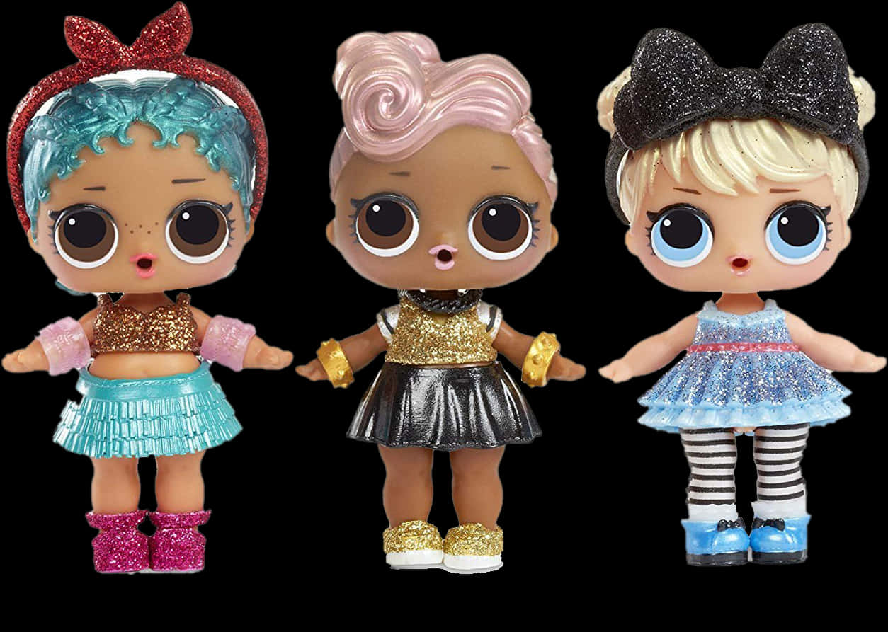 Three L O L Surprise Dollsin Sparkly Outfits PNG