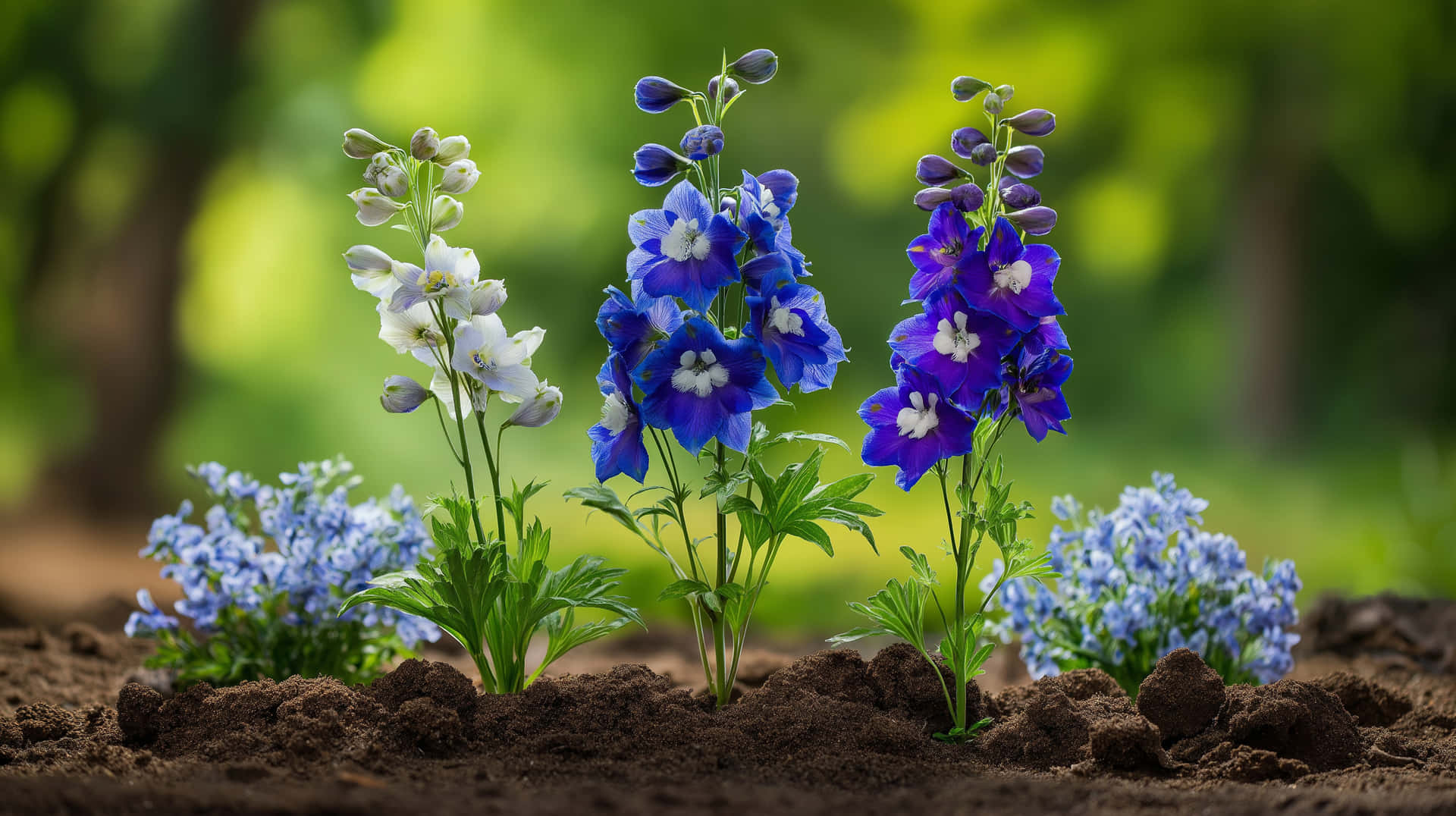 Three Larkspur Plants In Garden Bed With Green Background Wallpaper