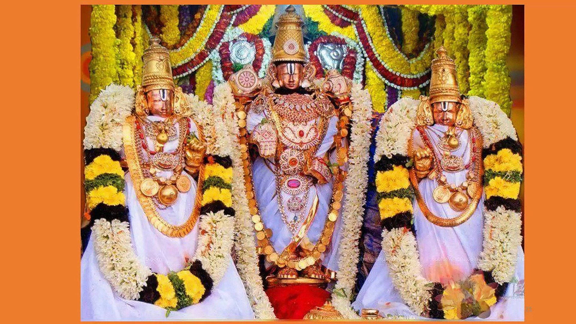 Three Lord Venkateswara Statues With Garlands Wallpaper