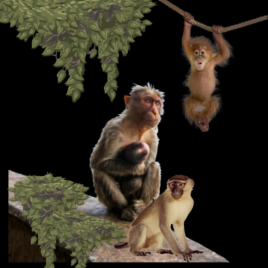 Three Monkeys Various Poses PNG