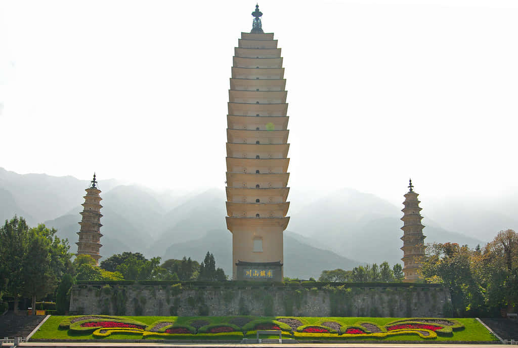 Three Pagodas Under White Sky Wallpaper